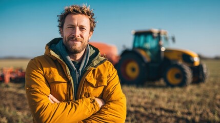 Farmer posing in bright sunny farmland with tractor behind, positive and professional portrait of a modern agricultural worker.