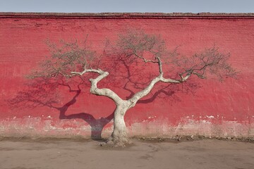 Bare tree casts shadow on crimson wall