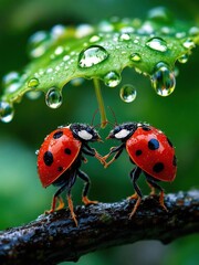 Two ladybugs holding hands under a leaf covered in water droplets on a branch in a macro shot