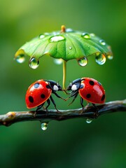 Two ladybugs under a leaf umbrella with water droplets on a branch in a macro shot on a green background