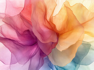 Vibrant abstract image featuring flowing, translucent layers of fabric in spectrum of colors including pink, orange, yellow, and blue, creating sense of movement and fluidity