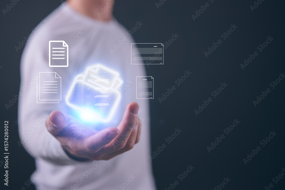 Poster businessman hand holding virtual document icon in concept of practices and policies , procedure comp
