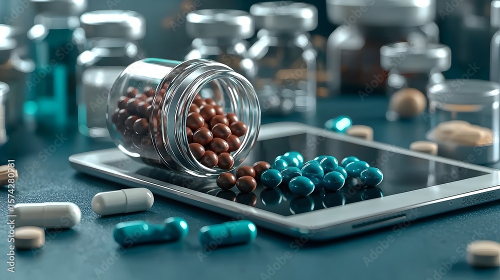 Poster a close up image showcasing an assortment of various tablets capsules and containers arranged on a d