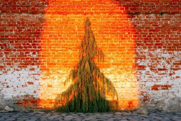 Illuminated tree silhouette against a brick wall