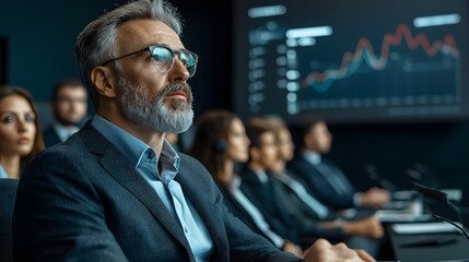 A mature professional looking businessman delivers a presentation of data analytics and industry trends to an audience at a medical conference setting
