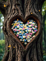 A tree trunk with a heart shaped hole filled with colorful flowers and butterflies around it
