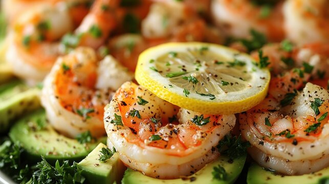 Appetizing seafood salad with grilled shrimp avocado parsley and lemon for healthy cuisine