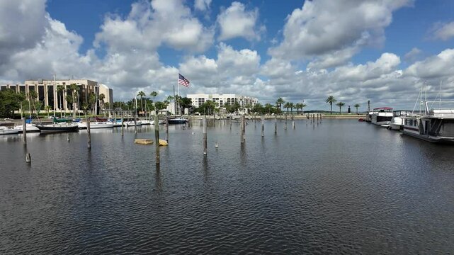Cumulus clouds over the marina at Lake Monroe at Sanford Florida
