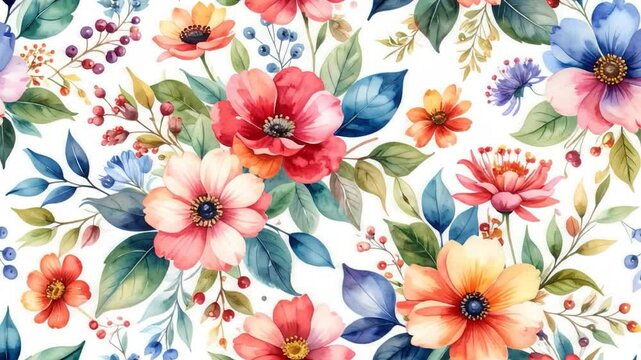 Watercolor floral pattern with colorful flowers and berries on a white background