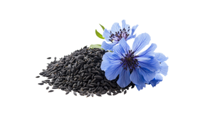 A wooden bowl overflowing with black cumin seeds, accompanied by delicate blue Nigella Sativa flowers png
