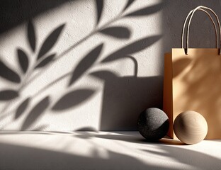 Beige paper bag, shadow play, minimalist scene