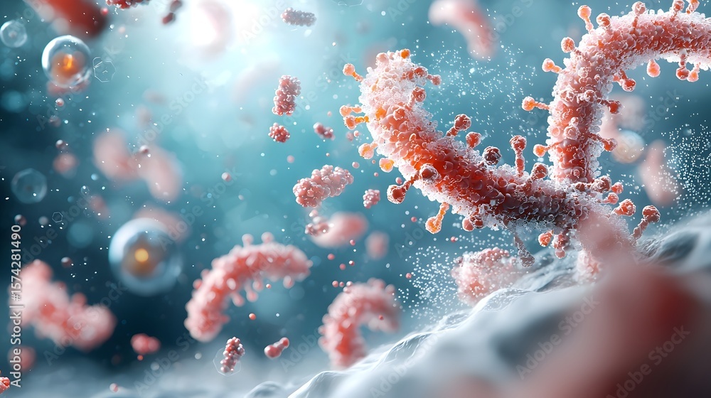 Poster detailed microscopic view of a viral or pathogenic structure with colorful abstract digital represen