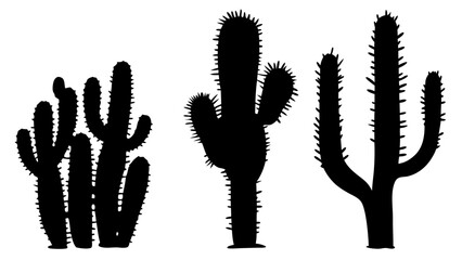 Set of cactus silhouette vector illustrations. Includes various cactus shapes in black on a white background. Ideal for desert, botanical, or nature-themed design projects.