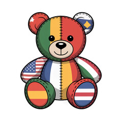 A cute teddy bear with international flags isolated on transparent background represents global unity