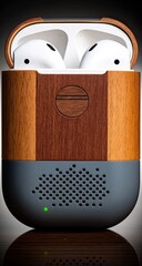 Wood-accented wireless earbuds case, featuring a dark gray and light brown wood-grain pattern, with a textured ventilation panel and a small green light visible