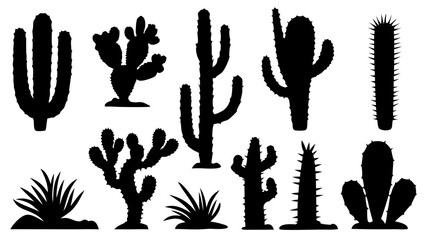 Set of cactus silhouette vector illustrations. Includes various cactus shapes in black on a white background. Ideal for desert, botanical, or nature-themed design projects.
