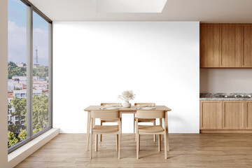 Minimalist Scandinavian Dining Set PNG with Natural Wood Table and Chairs in Modern Kitchen  – Transparent Wall Mockup with Realistic Shadows – 3D render