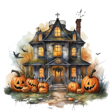 alloween background with spooky house and pumpkins 