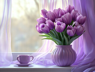 Bouquet of purple tulips in decorative vase sits on windowsill, surrounded by sheer curtains, with matching teacup and saucer nearby, creating serene and elegant atmosphere