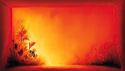 Warm, vibrant sunset scene in a framed space.  Silhouette plants and flowers against a fiery orange background