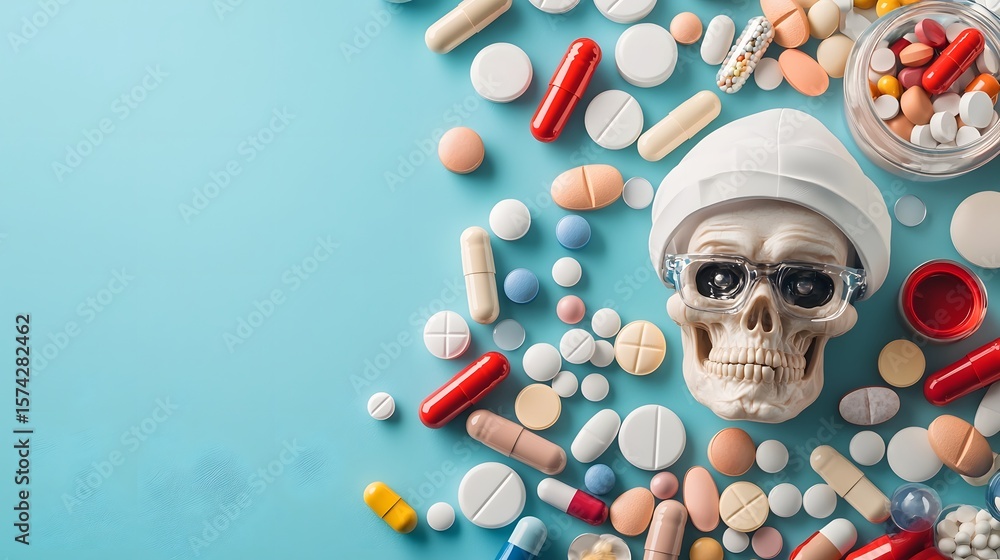 Poster a collection of and a human skull representing the potential for data driven breakthroughs in drug d