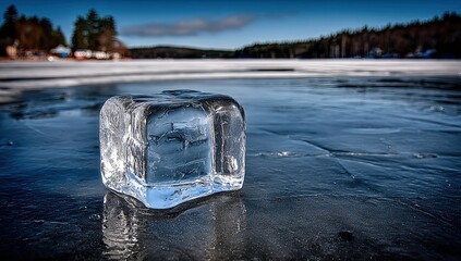 Frozen cube on a winter lake.  Clear ice reflects a scene