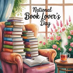  Whimsical Watercolor National Book Lover's Day Scene with Cozy Chair and Books