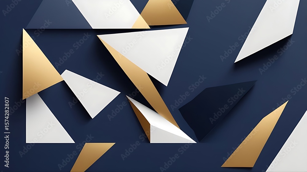 Poster modern background of blue, gold and white geometric shapes floating together creating depth and an e