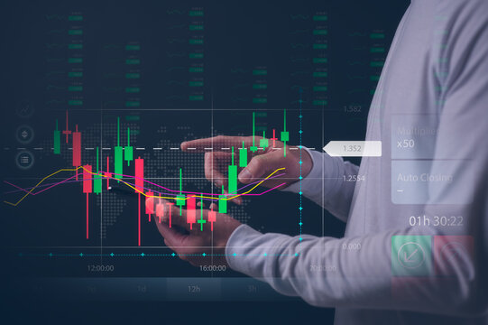 investment stock market data analysis concept, businessman using smartphone analyst virtual trading graph, trading online, financial mobile application platform