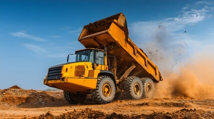 Obraz premium Articulated dump truck unloading soil at construction site side view daylight 