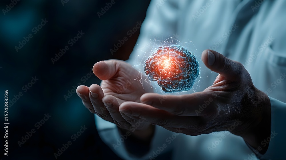 Poster hands cradling a glowing abstract digital sphere representing the use of advanced technology simulat
