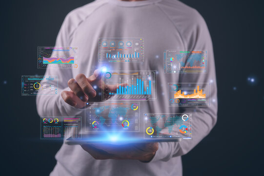 DevOps engineer in Digital transformation technology strategy business processes data, optimize and automate operation, customer service management, Man using digital tablet work with data chart