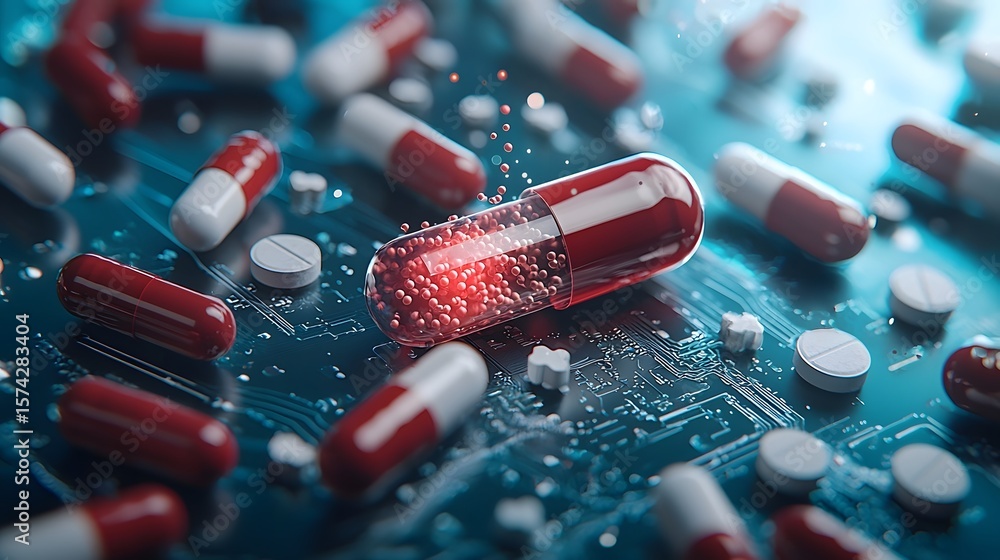 Poster a conceptual image depicting a digital representation of various pills and capsules symbolizing the 