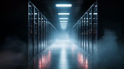 Mysterious illuminated server room corridor with dramatic fog, glowing lights, and mirrored floor for tech presentations.