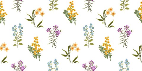Obraz premium A cheerful pattern featuring scattered bouquets of various small, colourful flowers in yellow, orange, blue, and purple, with green leaves on a clean white background. This fresh design offers 