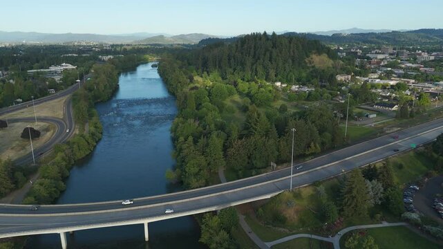 Aerial view of Willamette River and greenery, United States.