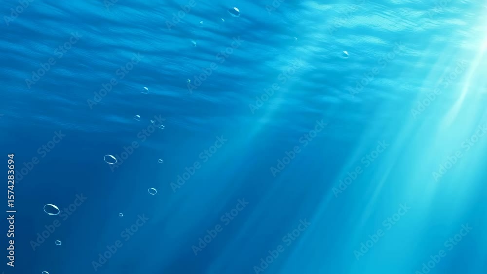 Poster underwater scene with rising air bubbles and soft blue light rays filtering through deep blue water,