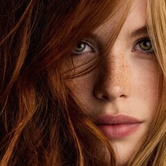 Close up shot of a beautiful woman face with freckles and red hair showing an intense and serene look