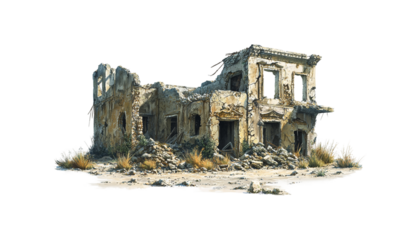 The crumbling facade of an abandoned, derelict building with exposed bricks and broken windows, a symbol of decay png