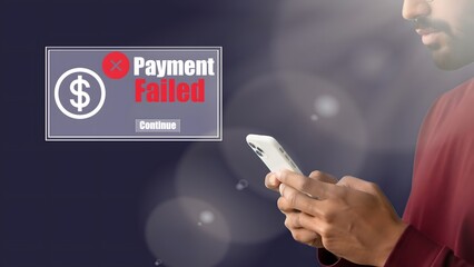 Payment failed notification on smartphone screen held by user, symbolizing online transaction error...