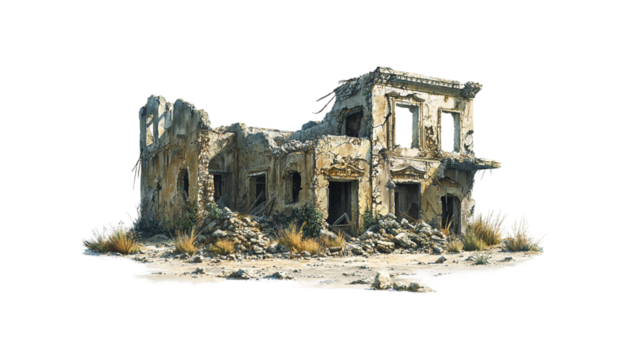 The crumbling facade of an abandoned, derelict building with exposed bricks and broken windows, a symbol of decay png