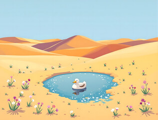 砂漠の水たまりを泳ぐアヒル
