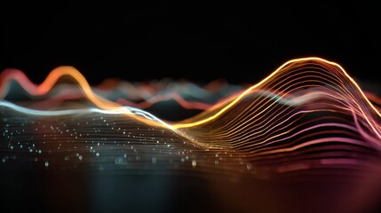 Abstract digital landscape with glowing waves, representing data, technology, and modern digital designs.