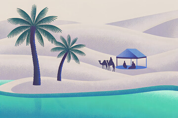 砂漠のオアシスでくつろぐ人とラクダ
