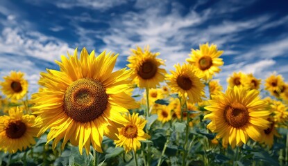 Fototapeta premium Sunflowers blooming in a field against a bright blue sky for backgrounds