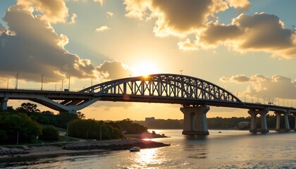 Naklejka premium a scenic view of a bridge crossing over a river during sunset or sunrise. the sky is adorned with warm hues, creating a picturesque backdrop for the silhouetted structure