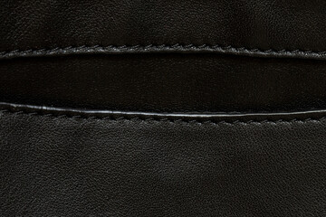 Black leather background with pocket and seams close-up, leather bag