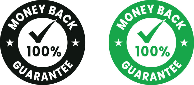 Green 100% money back guarantee badge vector set – certified refund approval icons for eco-friendly product packaging, marketing, and business branding use.