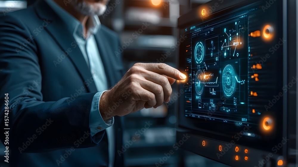 Poster a man in a suit working on a complex digital dashboard displaying data analytics and computer system