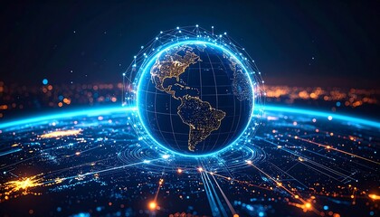 Global network, digital earth, glowing connections